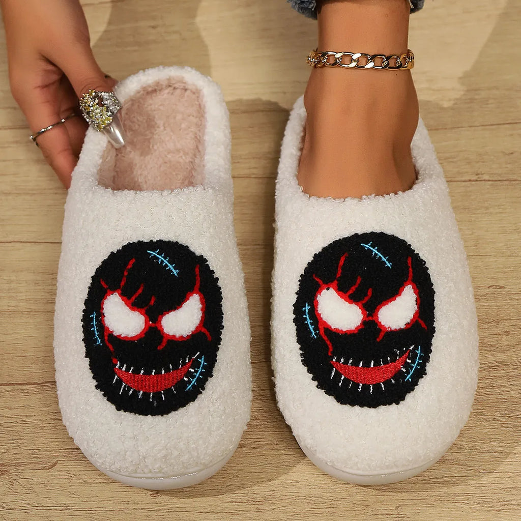 Women's indoor plush thermal cotton slippers with linen upper in mask black and mask blue, non-slip sole
