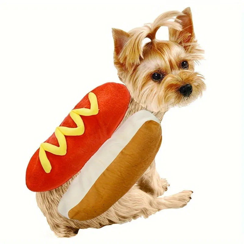Small dog wearing a funny brown and beige full-body hot dog costume with bun sleeves.