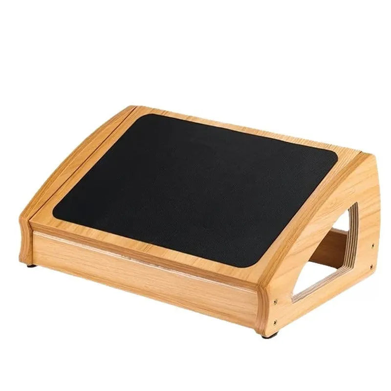 Wooden adjustable height office desk footstool in a natural wood colour.
