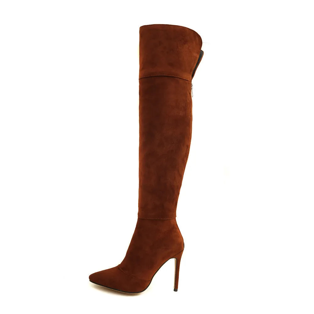 Stiletto heel pointed toe over the knee boots in suede, super high heel, sizes 32-46, black brown gray