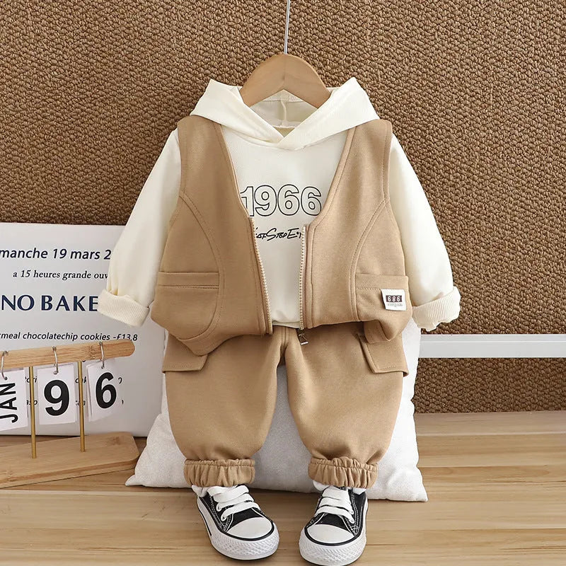 Children's number vest three-piece cotton set for boys in solid colour sport style long sleeve shirt and trousers