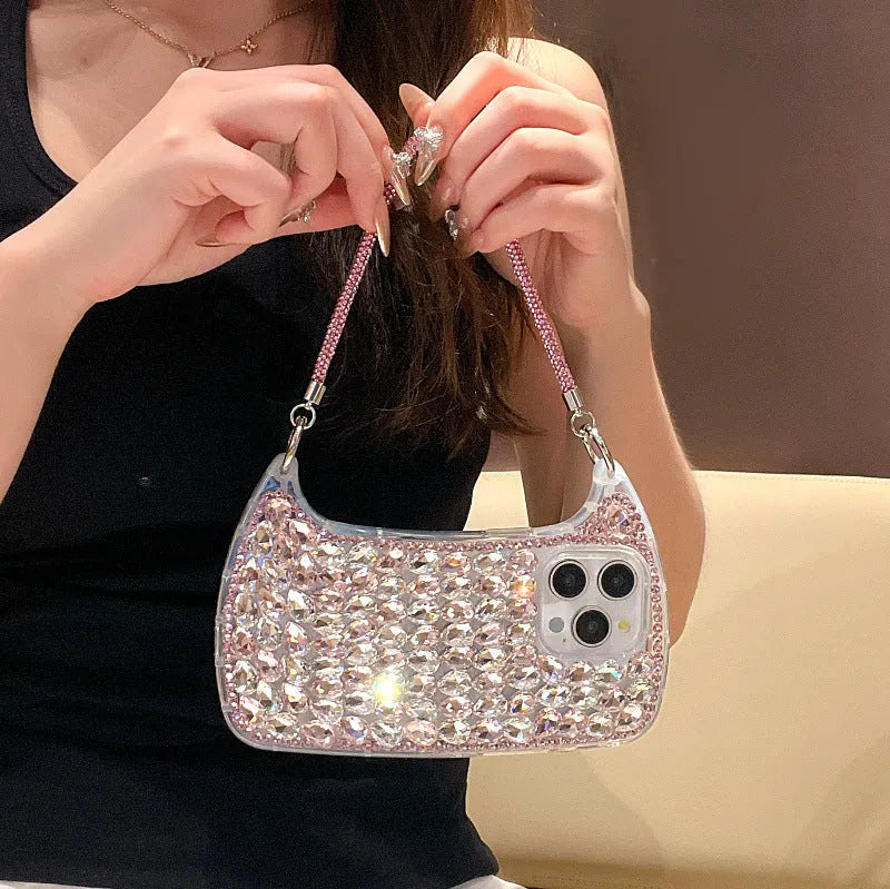 3D glass rhinestone small handbag phone case with chain strap for iPhone, pink or white diamond