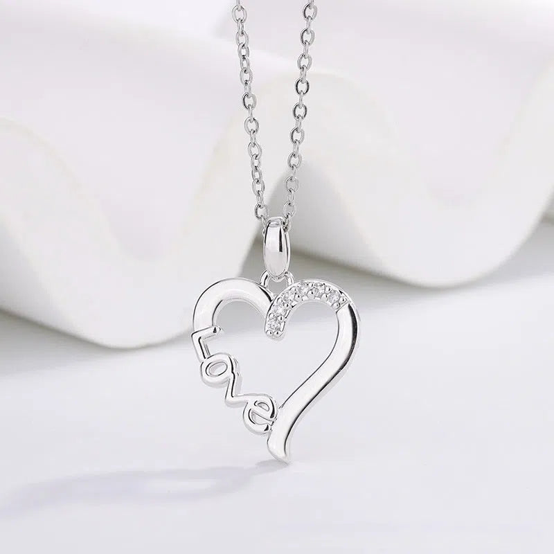Creative heart design LOVE titanium steel necklace pendant in white gold colour on cross chain