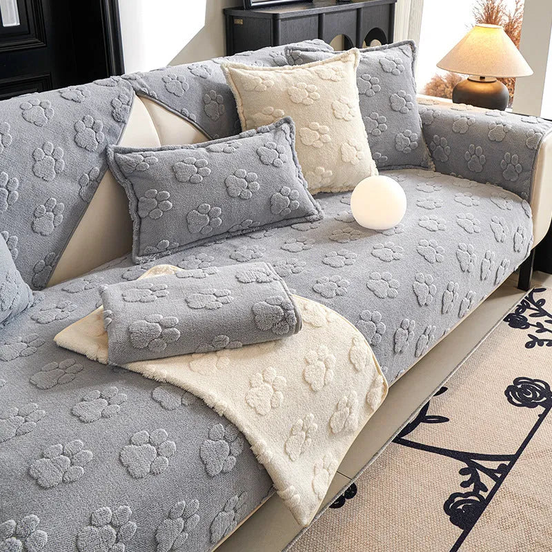 Thickened fleece non-slip sofa cushion in solid beige plush, square and rectangular sizes for sofa or dust cover use