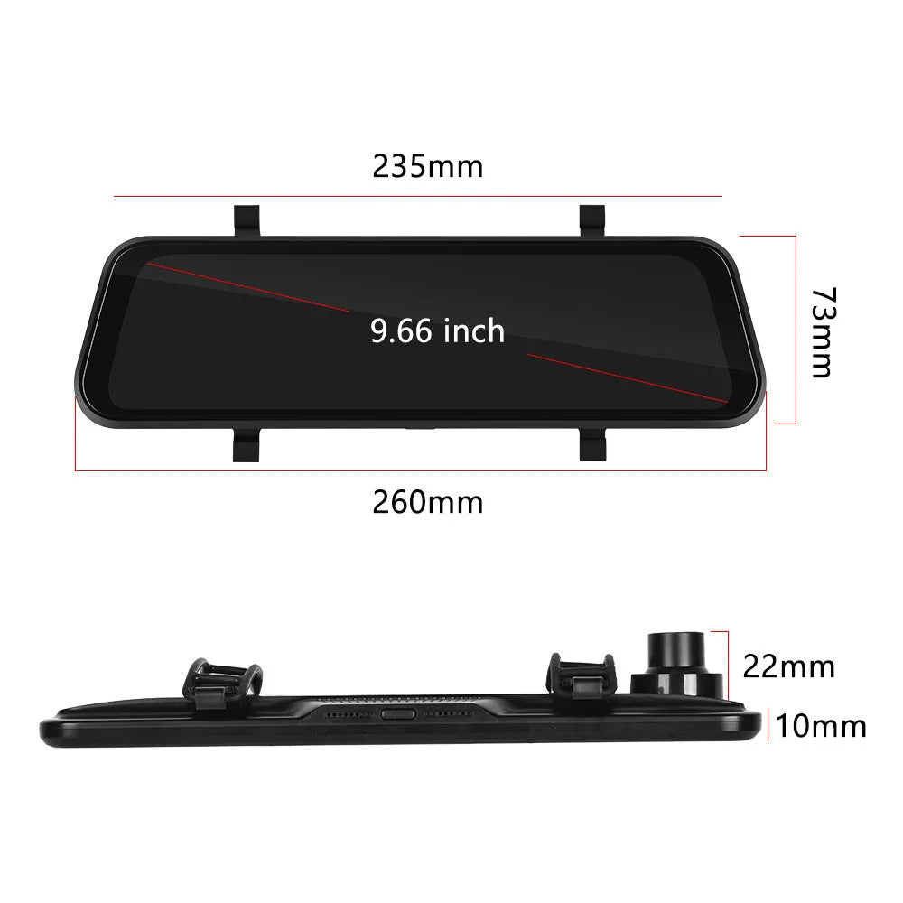 9.66-inch HD car dash cam with touch screen displayed on a car windscreen.