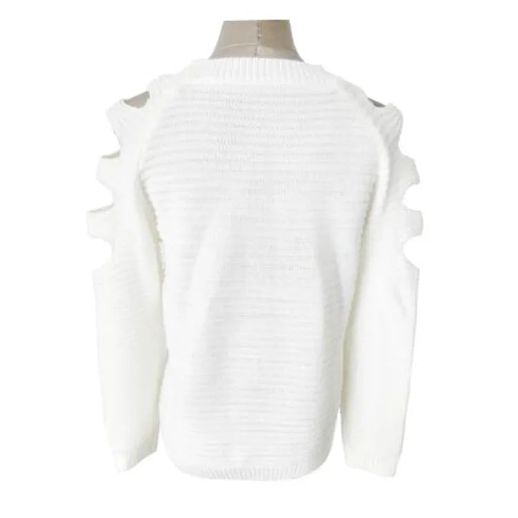 Women's grey knitted pullover shirt with hollow-out crochet pattern on the sleeves and body.
