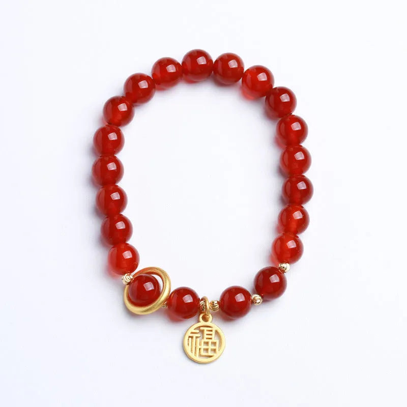 Natural red agate bracelet with woven design and blessing card, shown in 10mm bead size.