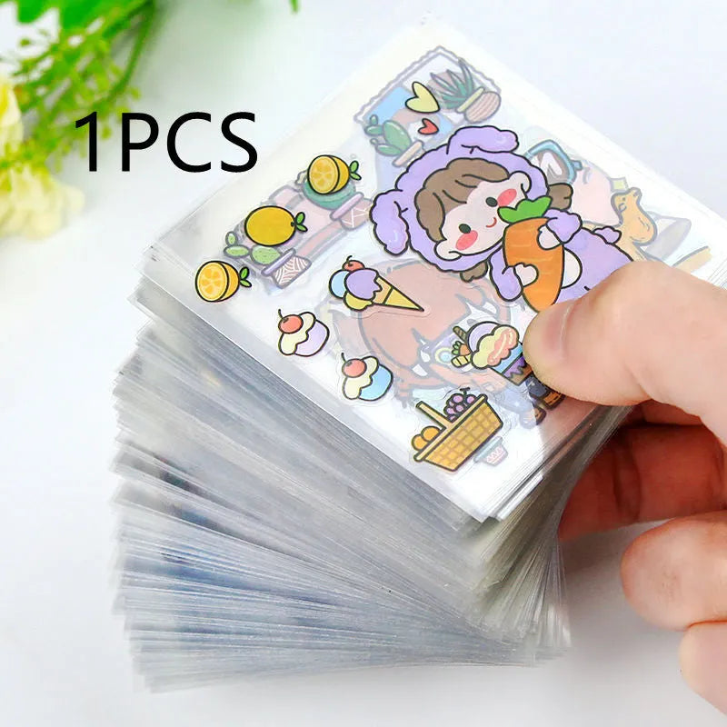Sheet of 100 non-duplicate PET cartoon journal stickers in 6x6cm size on white background