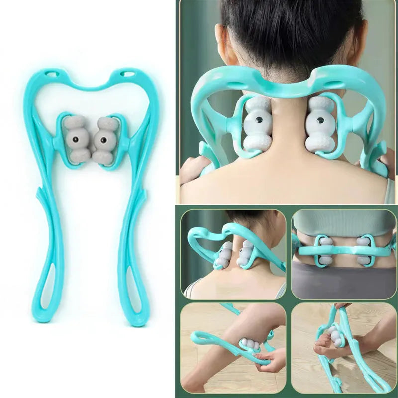 Blue handheld neck massager roller with 96 pressure nodes on a rotating head.