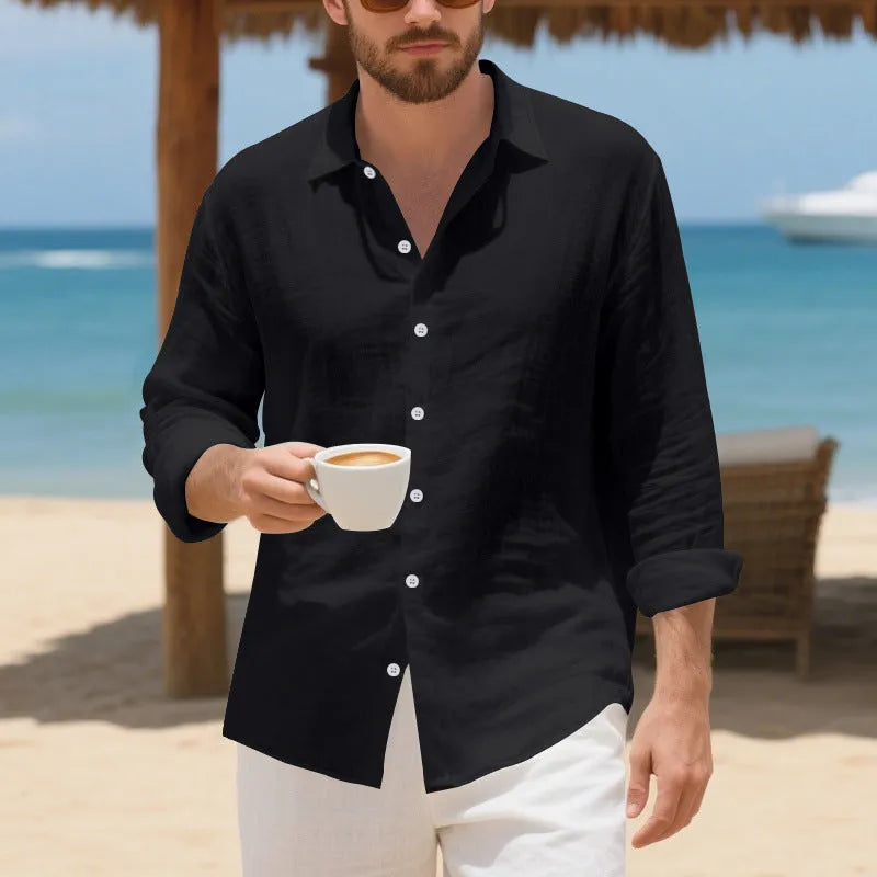 Man wearing a loose-fit light blue linen casual shirt with a non-iron finish.