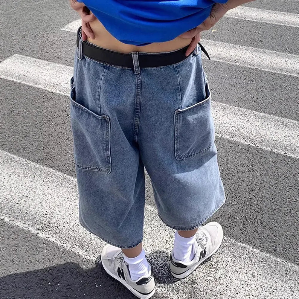 Blue men's thin denim pirate shorts with a high waist and cropped straight-leg fit.