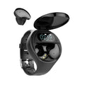 Black smart bracelet with detachable wireless earphones showing colour screen display