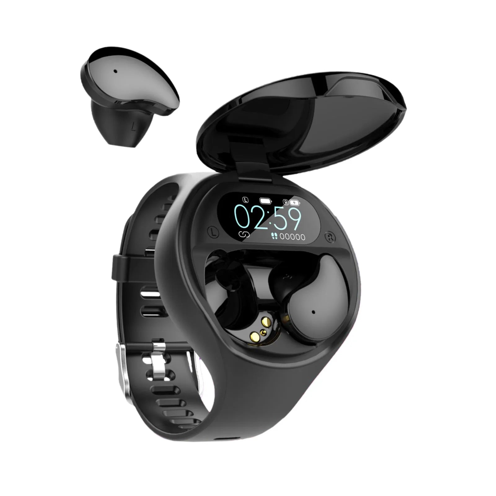 Black smart bracelet with detachable wireless earphones showing colour screen display