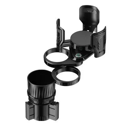 Black carbon fibre car cup holder with a retractable base on a car centre console.