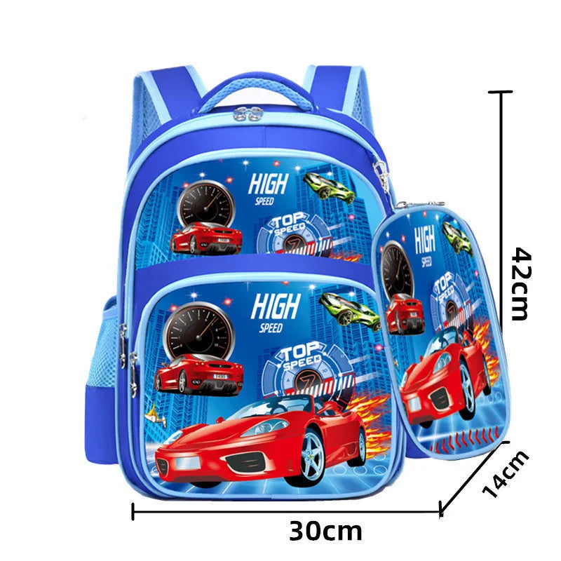 Blue nylon school backpack with cartoon print, shown with a pencil case