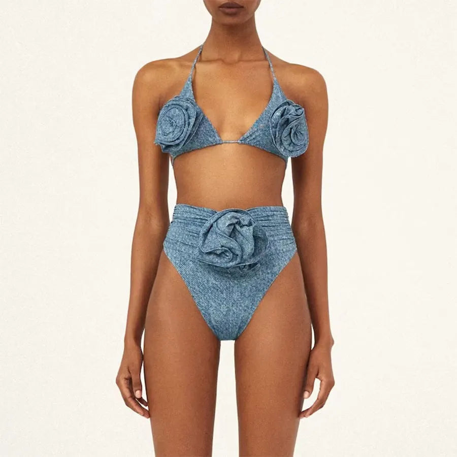 Women's floral embroidered one-shoulder swimsuit with cowboy siamese styling in soft nylon fabric