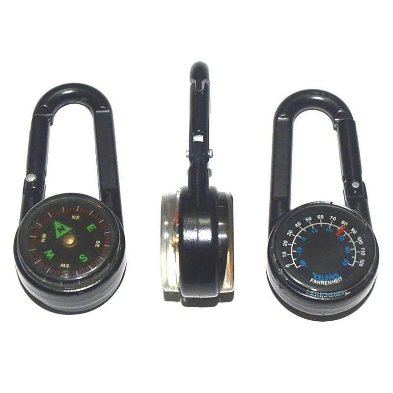 Zinc alloy camping carabiner with thermometer and compass in black, army green, or rose gold