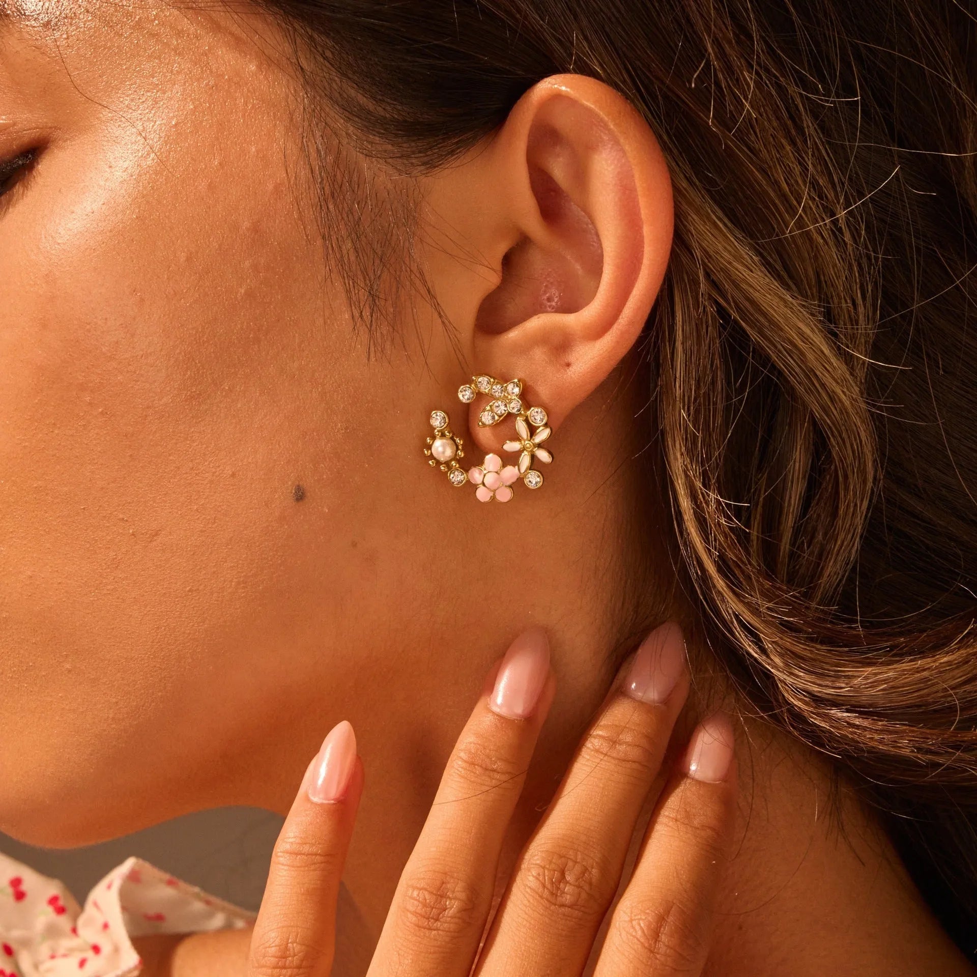 Flower petal stud earrings with colourful oil-dipped diamond look on 18K stainless steel