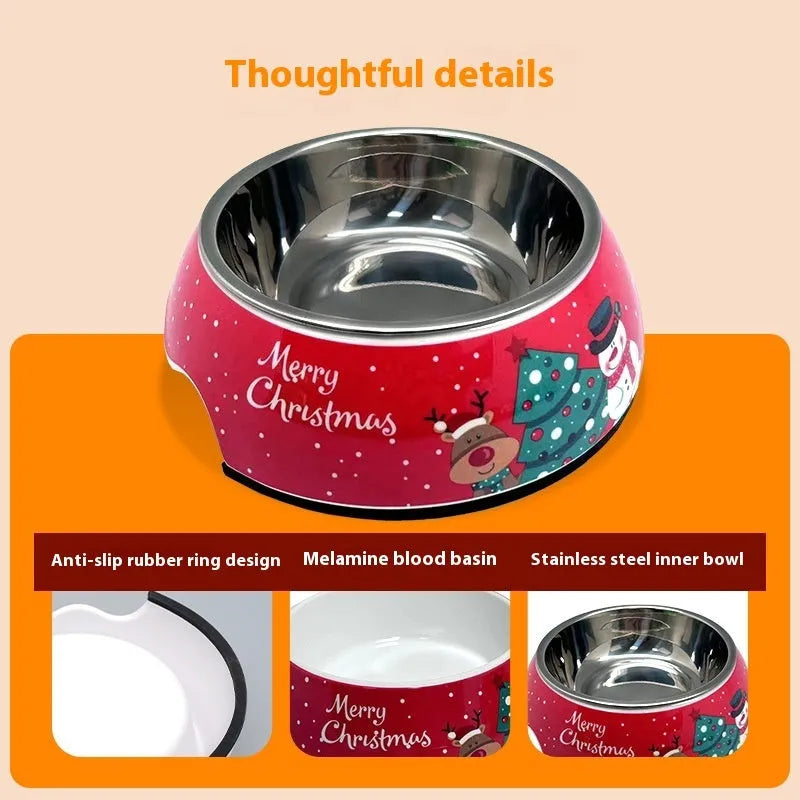 Red Christmas pet bowl with melamine construction and stainless steel double-layer base