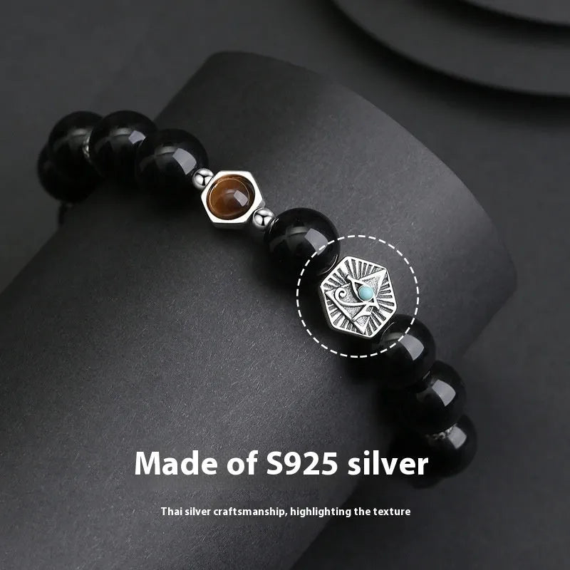 Men's geometric bracelet with obsidian God's Eye inlay set in sterling silver