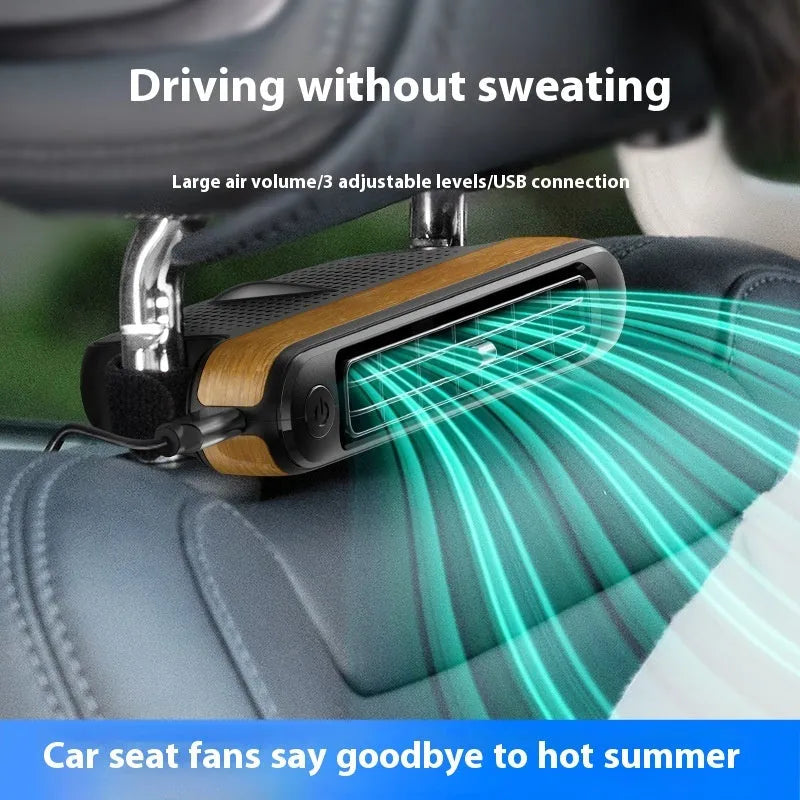 USB car fan with brushless motor and no-blade design, three speeds, in black colour