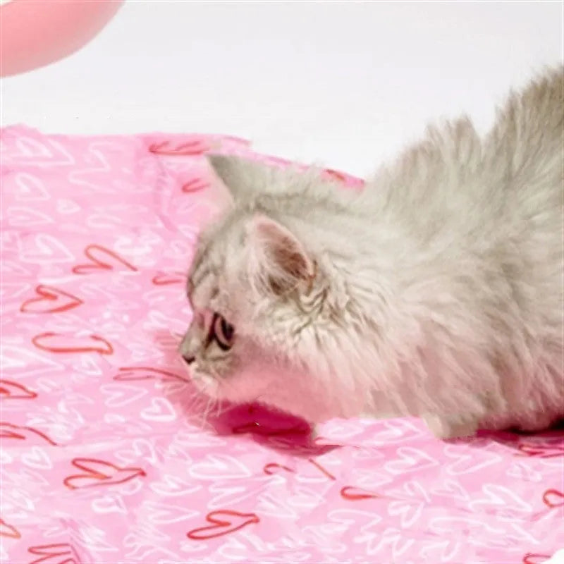 Green cloth cat toy hunting cover with USB-powered balls on a flat surface