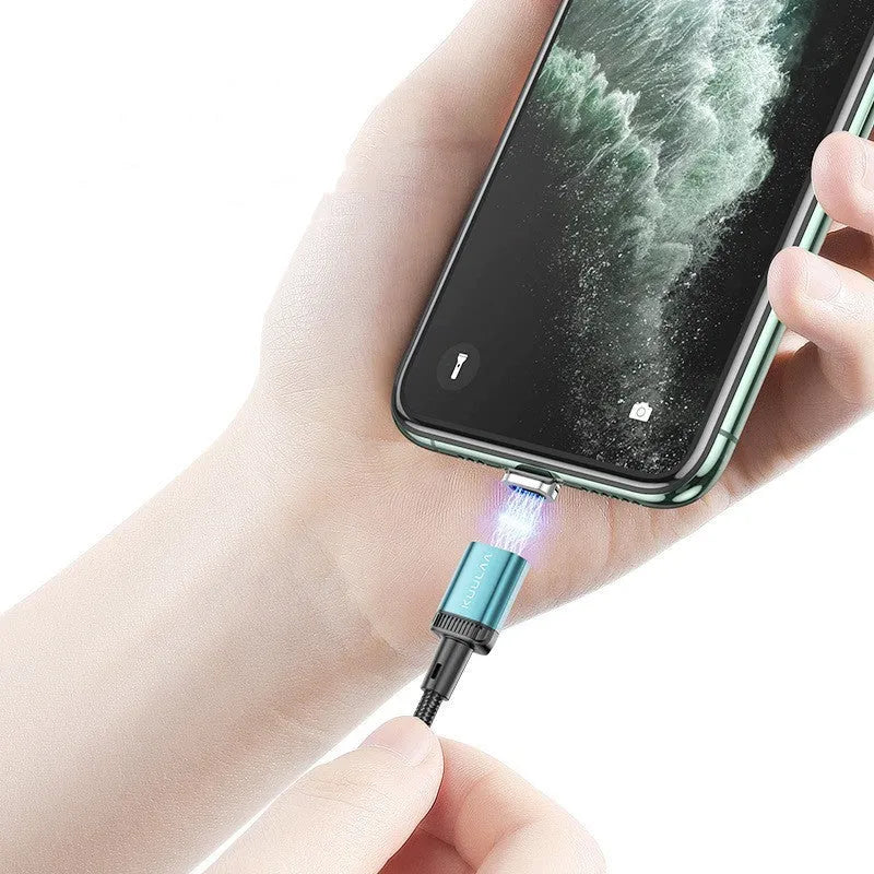 3-in-1 magnetic data cable with woven braid, aluminum alloy connector, Lightning Micro USB Type-C ports in black