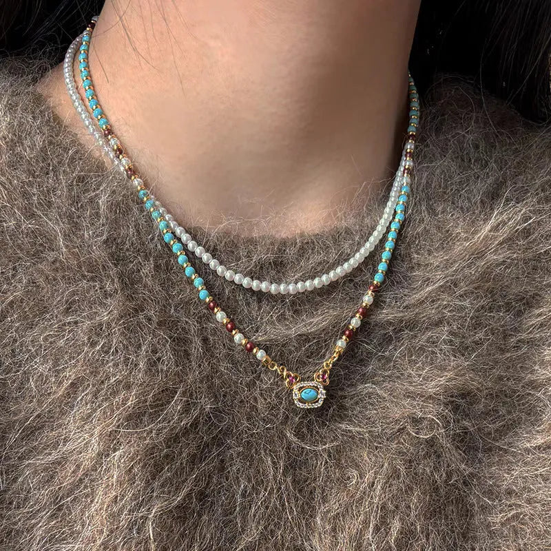 Natural turquoise pearl necklace on copper base with real gold plating, geometric pendant, French retro style, clavicle length for women