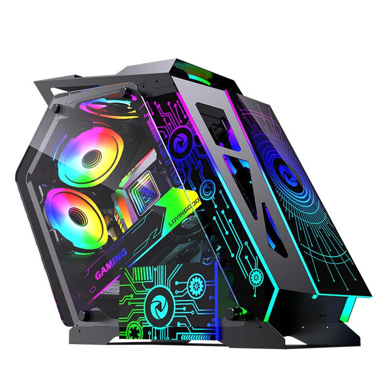 Table-type SECC metal computer chassis for desk integration with RGB fan lighting.