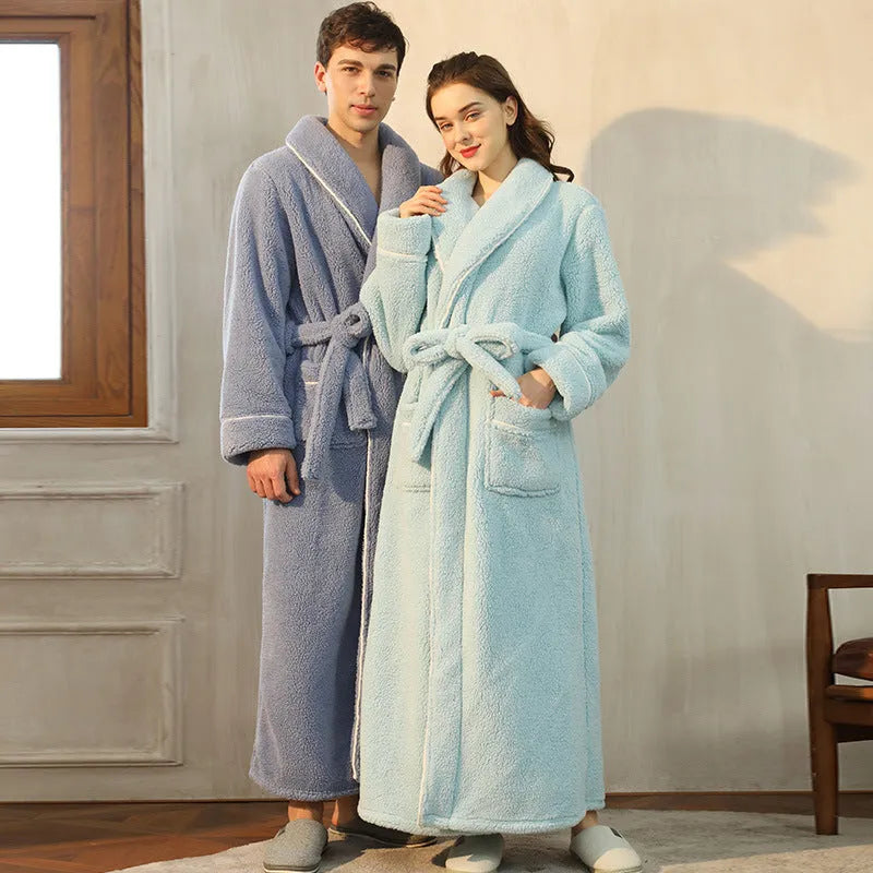 Long, thick grey flannel bathrobe with tie belt, worn as a winter nightgown.