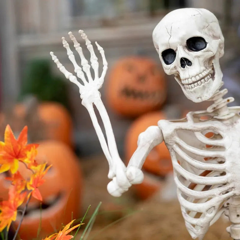 90cm tall posable plastic skeleton Halloween decoration on a white background