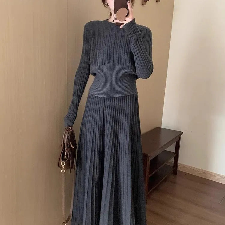 Dark grey artistic retro long knitted dress suit with 3D pattern and ethnic collage stitching, shown as a two-piece set.