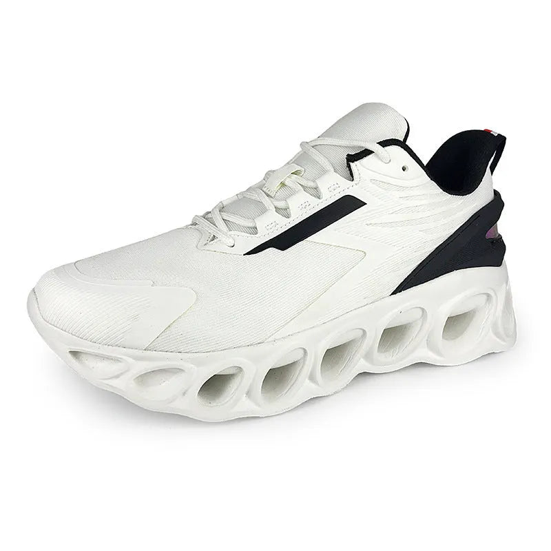 Men's casual sports shoes with mesh upper, round toe, lace-up design in black, white, and dark blue colours