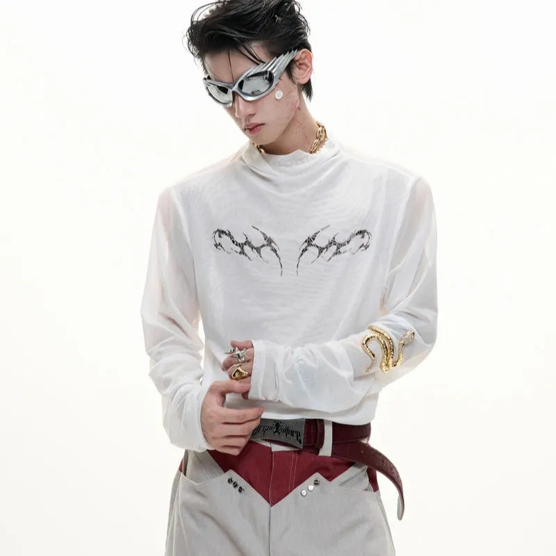 Men's black slim-fit long sleeve mesh bottoming shirt with a cooling fabric texture.