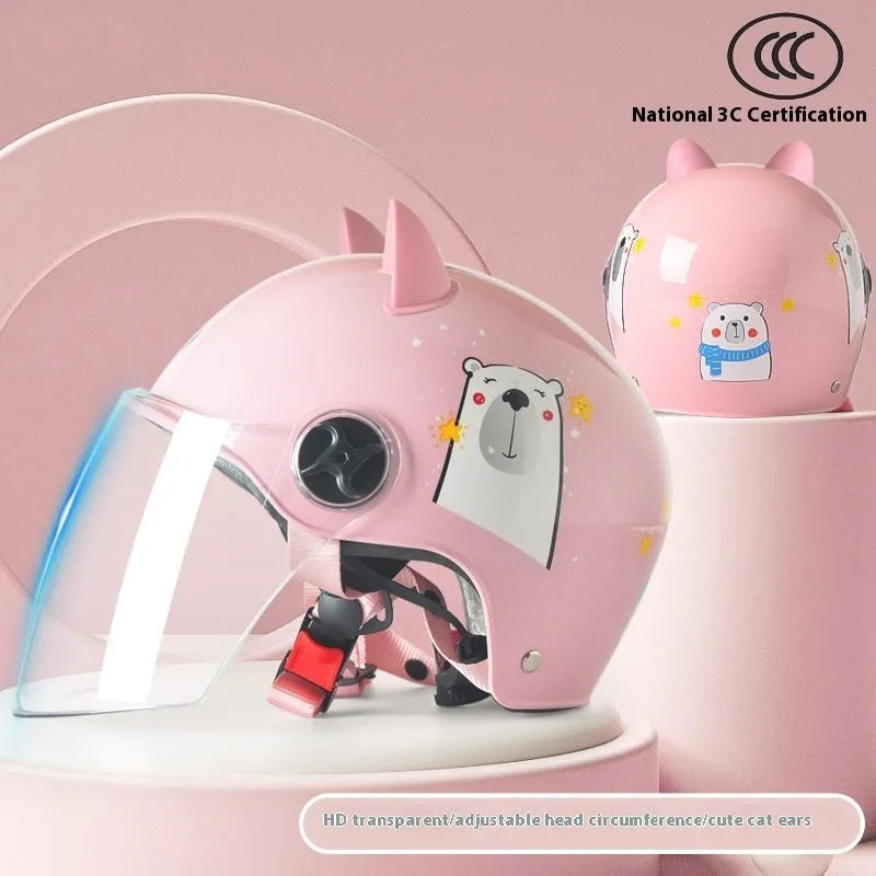 3C certified children's helmet with cat ears design in blue bunny with clear visor for electric car commuting