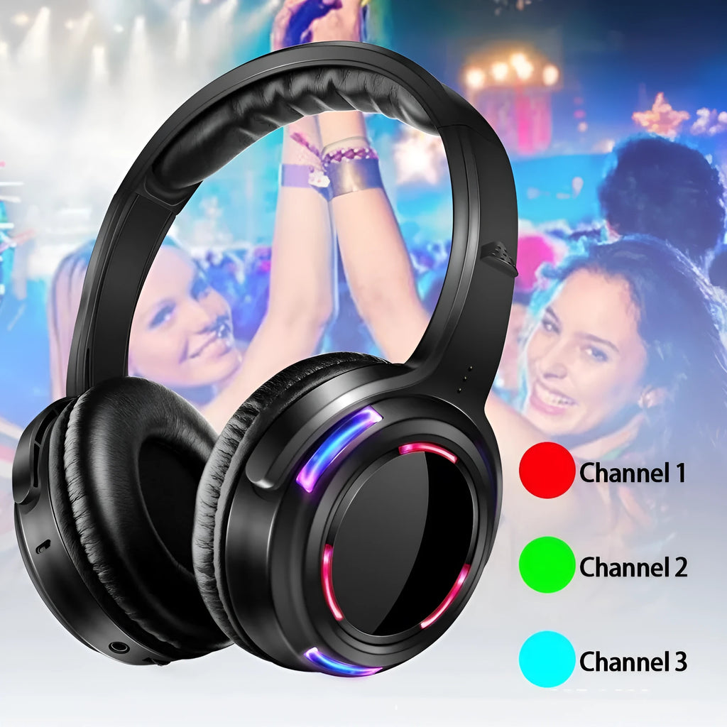 Black over-ear silent disco wireless headphones with a 3-metre cable and 3.5mm plug for party events.
