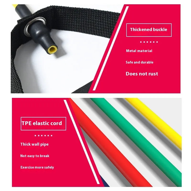 Colour-coded adjustable chest expander with yellow, green, red, blue, and black TPE resistance bands.