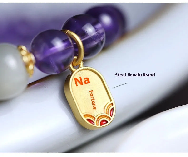 Amethyst crystal bracelet with 8mm round geometric beads in national style pattern