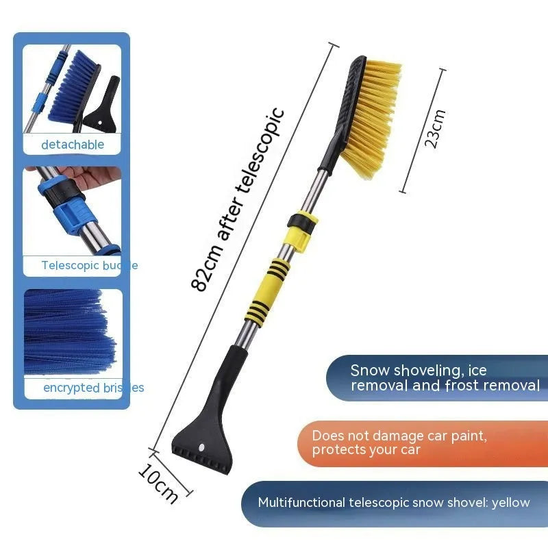 Yellow and blue telescopic car snow brush and ice scraper with a long plastic handle.