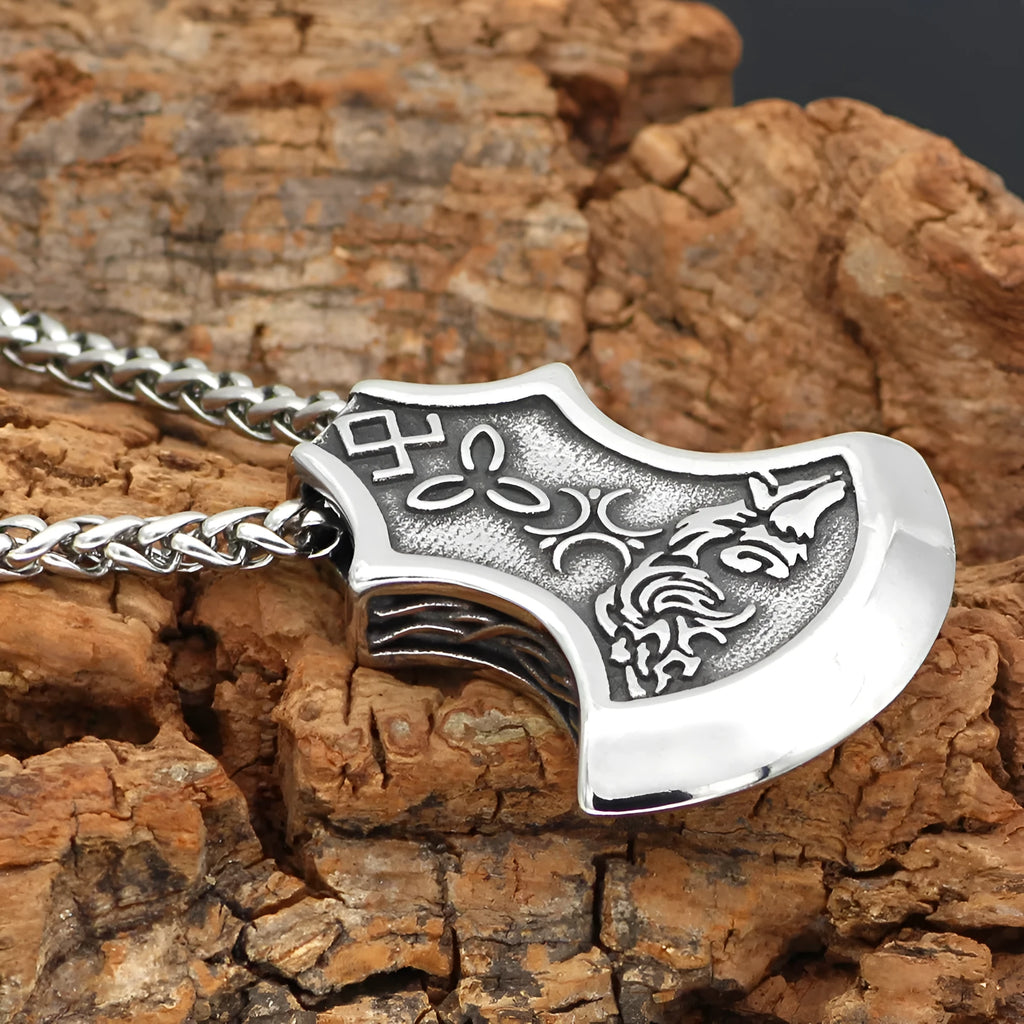 Viking Torto axe Celtic wolf pendant necklace on antique silver twisted chain, alloy, unisex