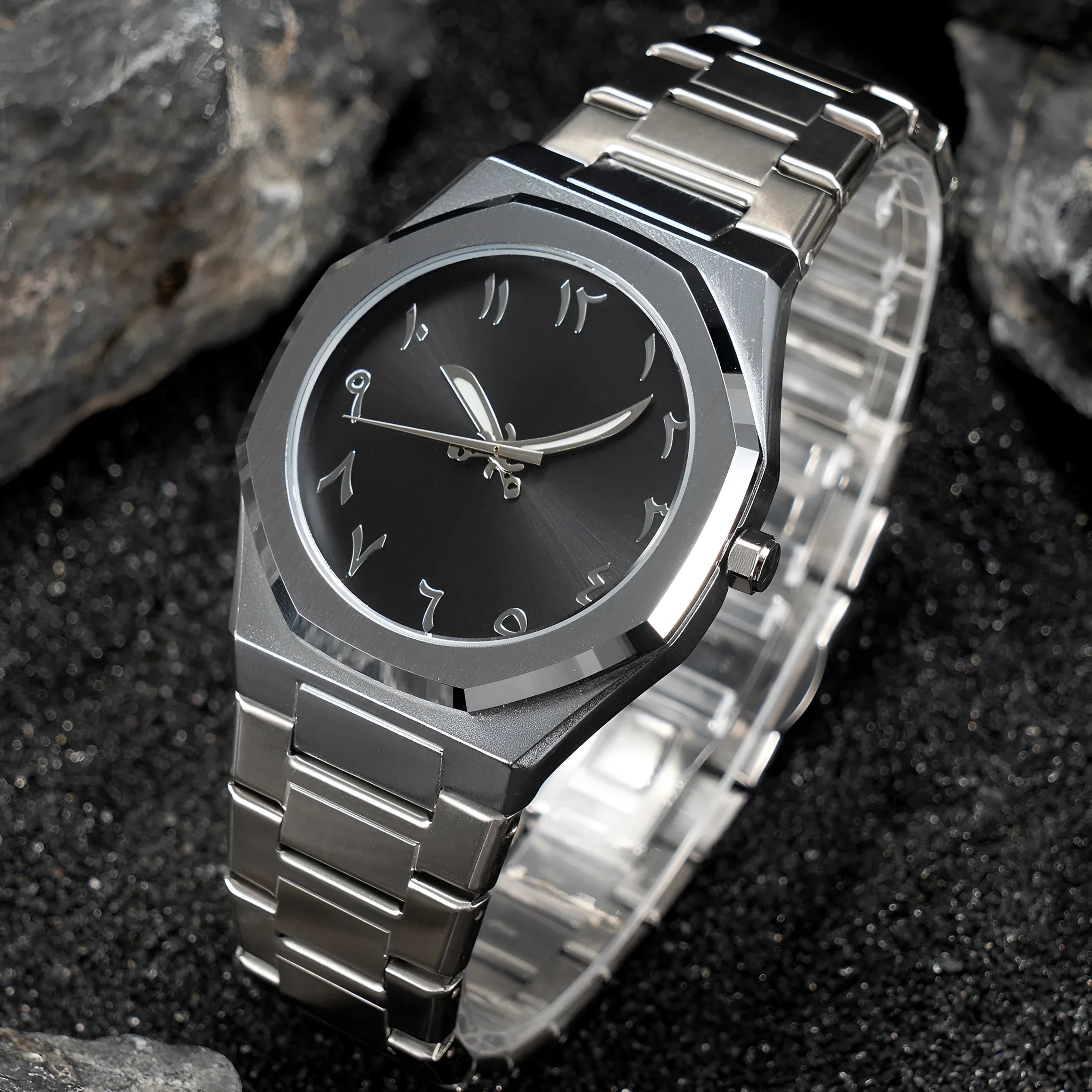 Men's business casual watch with steel bracelet showing black dial and silver scales