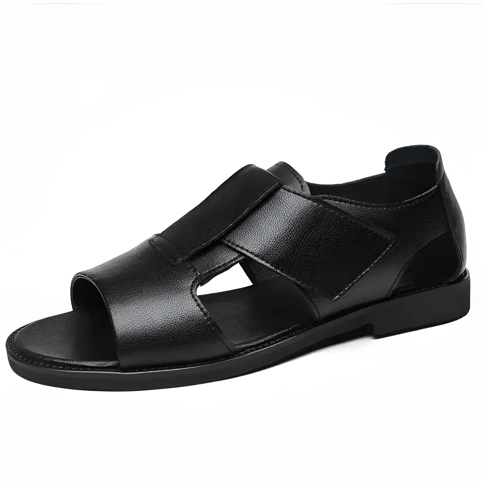 Men's black and brown leather casual sandals with open toe and rubber sole