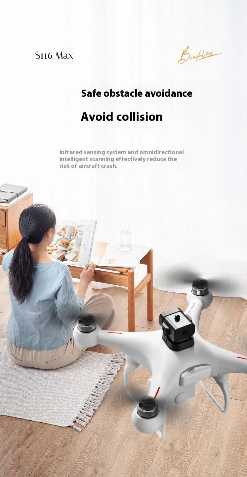 Black HD finish brushless UAV drone with four-side obstacle avoidance and a camera, remote control on a white background.