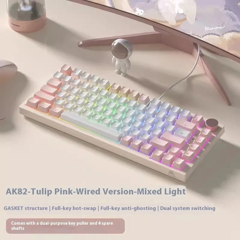 Creative Color Tulip White Mixed Light Green Axis Wired Keyboard on desk