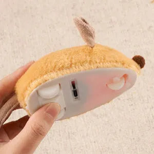 Grey and yellow plush electronic cat toy mouse with feather tail and LED lights