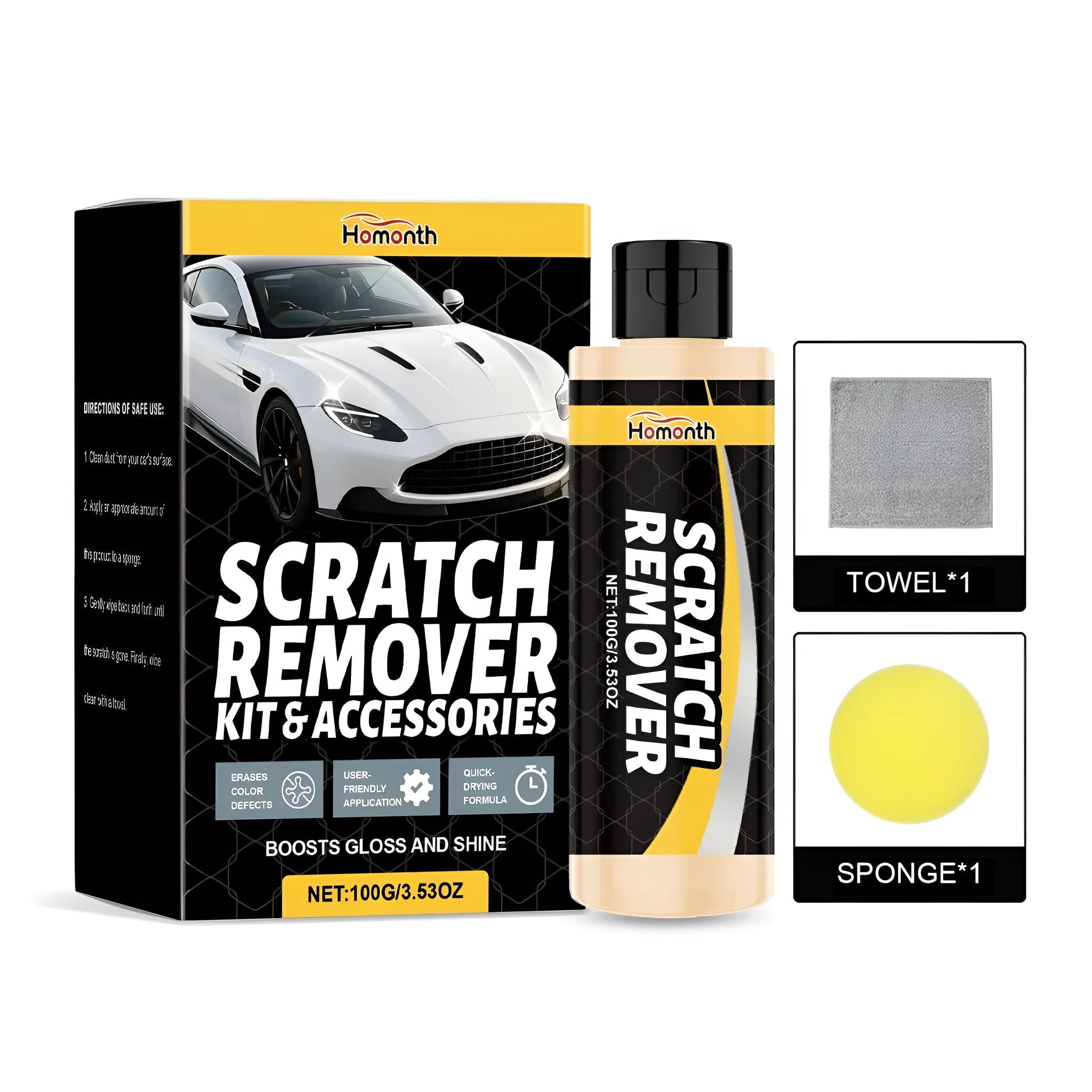 Car scratch care kit with 100g tube of cream, sponge, and towel