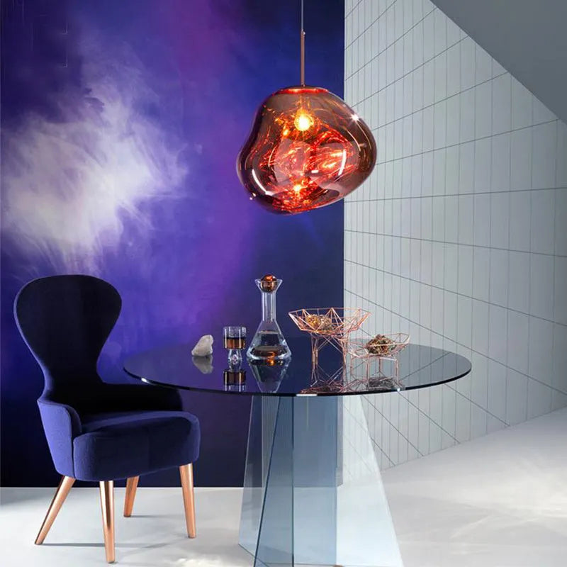 Nordic post-modern irregular lava lamp glass chandelier in gold, silver, or copper finish, ceiling light fixture.