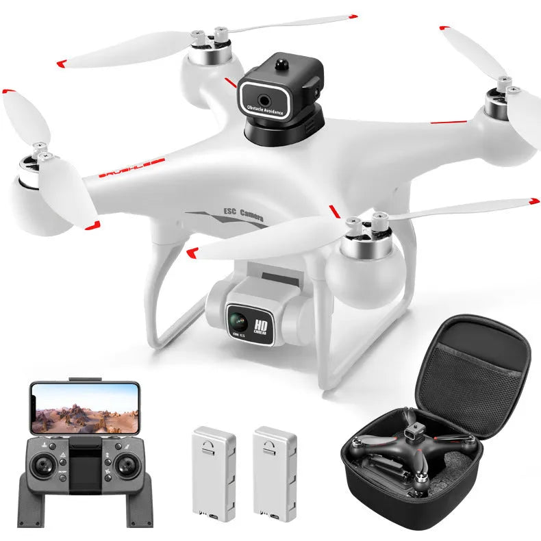 Black HD finish brushless UAV drone with four-side obstacle avoidance and a camera, remote control on a white background.