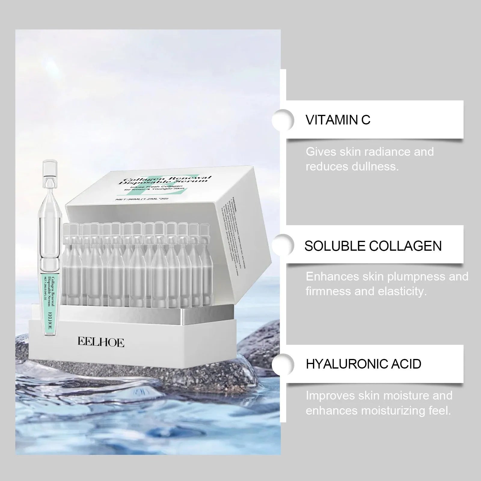 Moisturising nursing solution with 30 disposable sachets in compact packaging