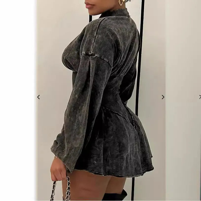Grey digital print women's slim-fit dress with drawstring waist and long sleeves